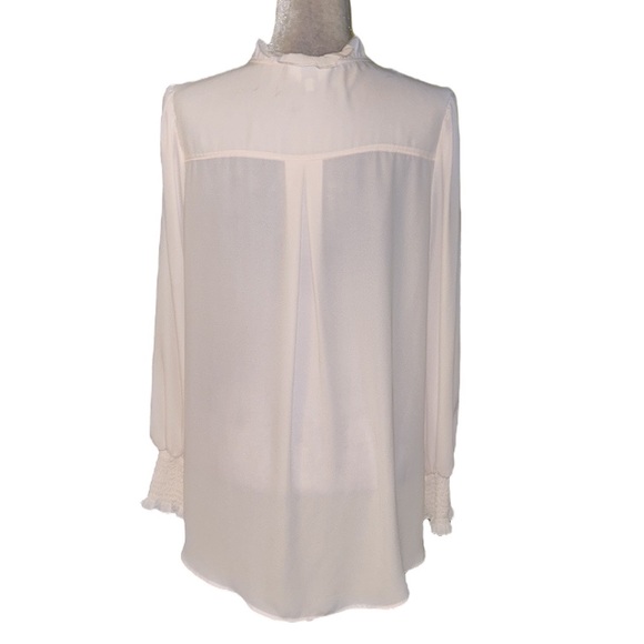 Crosby by Mollie Burch Blush Pink Semi Sheer Ruffle Neck Puff Sleeve Blouse - L - Picture 6 of 11